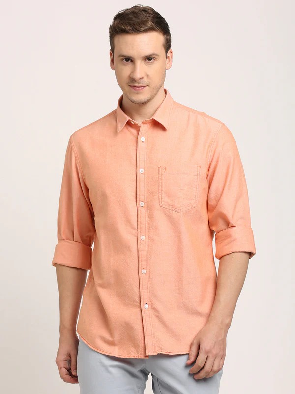 Indian Terrain Men's Regular Fit Full Sleeve Solid Orange Shirt